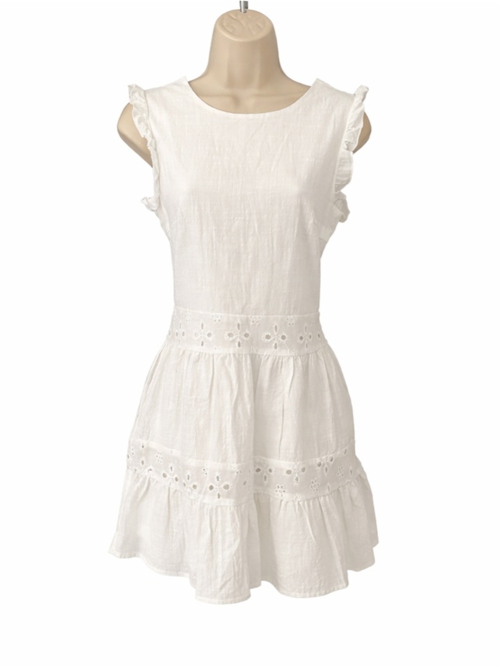 Eilly Bazar White Eyelet Mini Dress XS Cotton Ruffle Tiered Summer Boho NWT